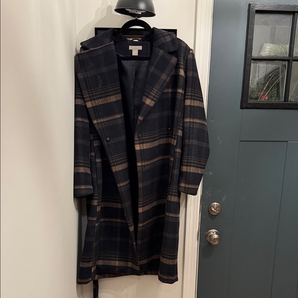 H&M Navy Plaid Wool Blend Coat